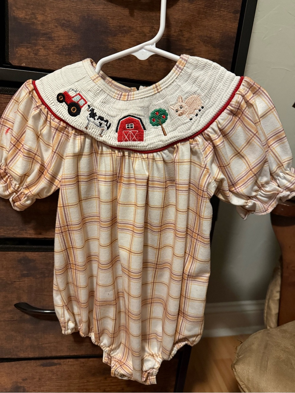 Girls Cream & Yellow Plaid Smocked Farm Applique One-Piece
